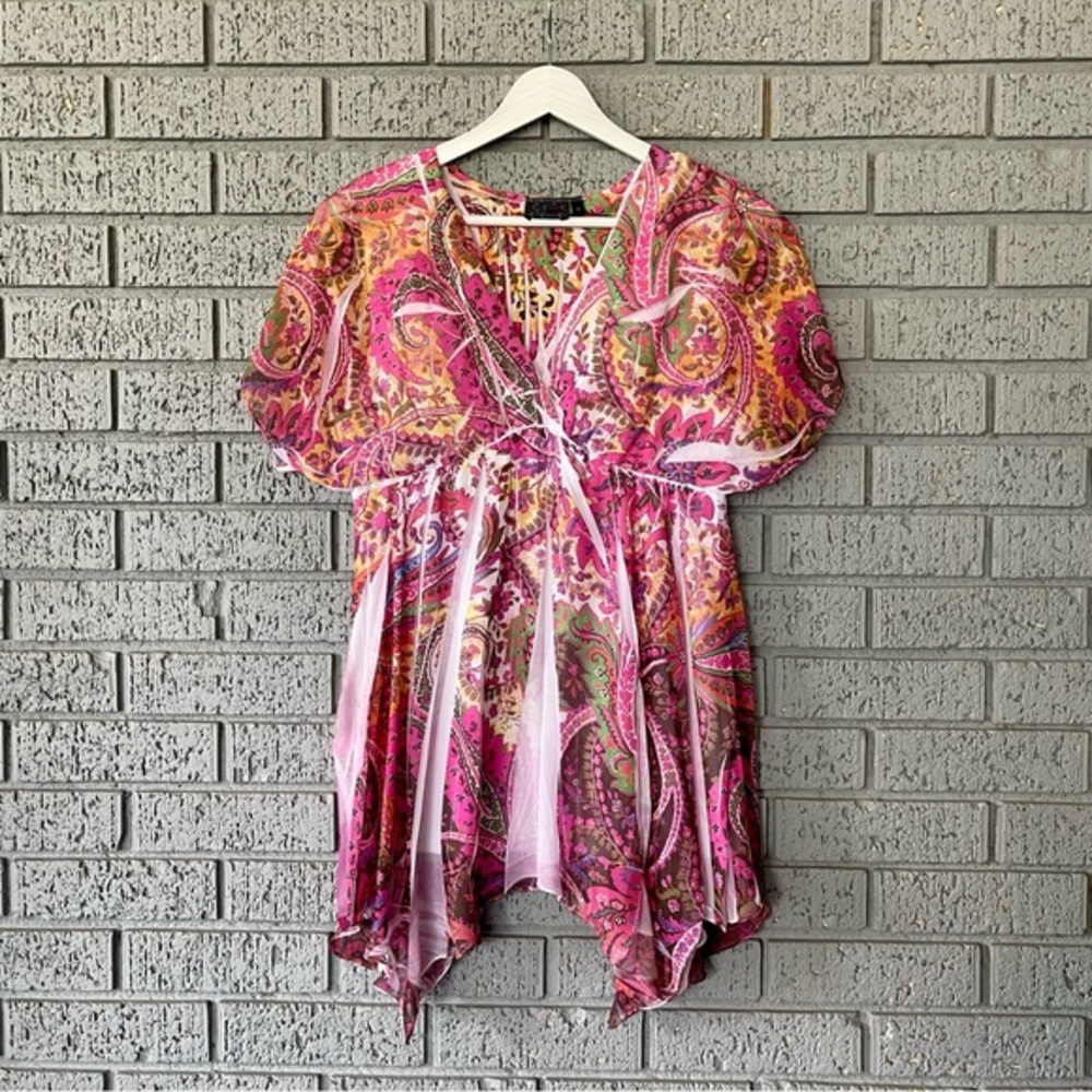 Vintage Y2K Fairycore Top Asymmetrical Handkerchief Hem Paisley Top Size Medium